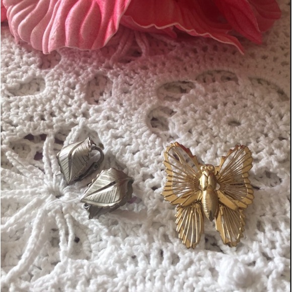 Giovanni Leaf Retro Clip On Earrings & Butterfly Brooch Pin - Picture 1 of 4